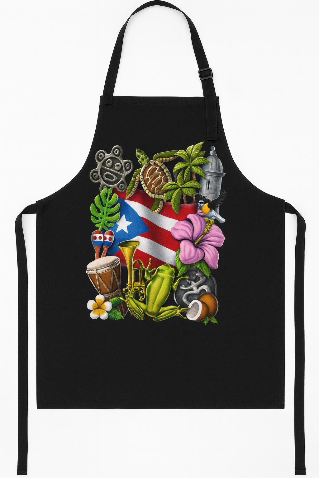 "Puerto Rico Cultural Collage" Apron w/ Pocket (Black)