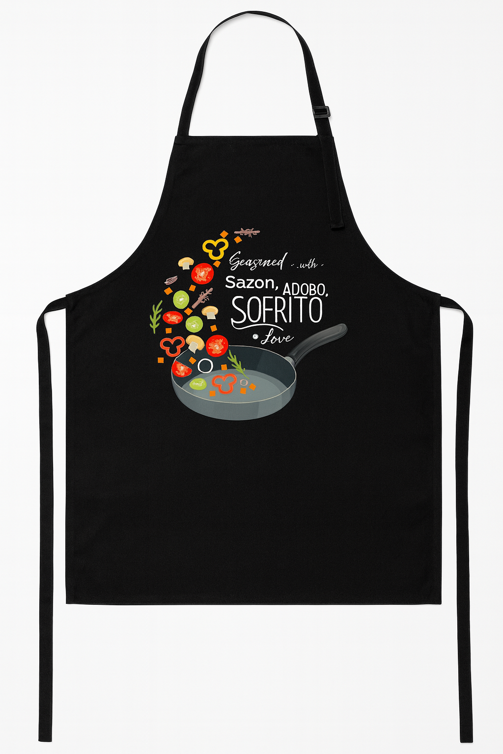 "Seasoned with Sazon, Adobo, Sofrito, & Love" Apron w/ Pocket (Black)
