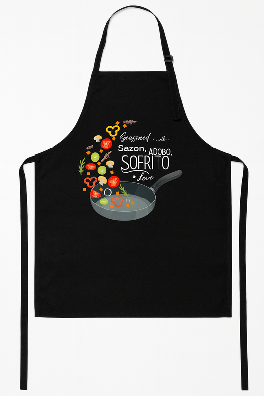 "Seasoned with Sazon, Adobo, Sofrito, & Love" Apron w/ Pocket (Black)